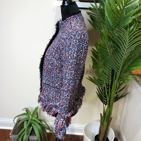 Ann Taylor Fiesta Multicolor Fringe Tweed Blazer Jacket Blk Red Blue Small Tall - Picture 6 of 10